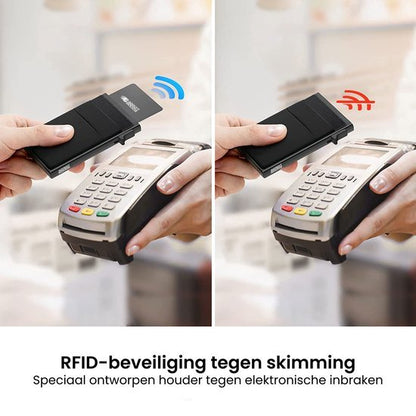 Hand houdt zwart RFID beschermhoesje bij betaalterminal voor skimmingbeveiliging zichtbaar verschil
