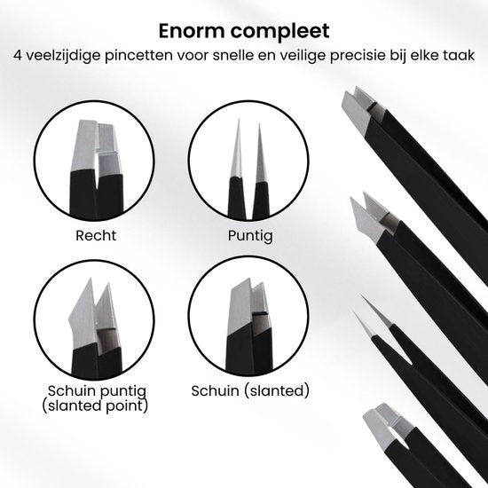Vier pincetten met verschillende punten voor precieze en veelzijdige taken in één set.