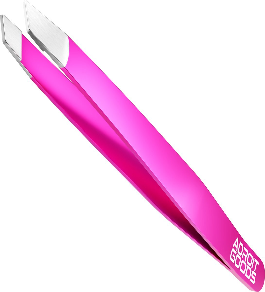 roze professionele pincet met schuine metalen punten en AdroitGoods logo
