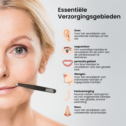 Vrouw gebruikt pincet voor verzorging van gezicht met uitleg over essentiële verzorgingsgebieden.
