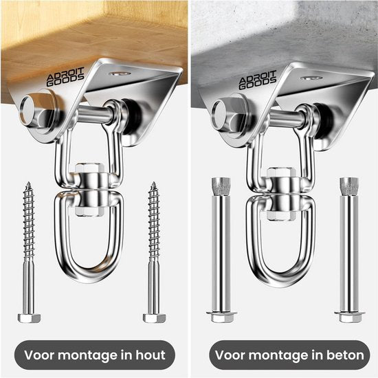 Roestvrijstalen haak met bevestigingsmateriaal voor montage in hout en beton
