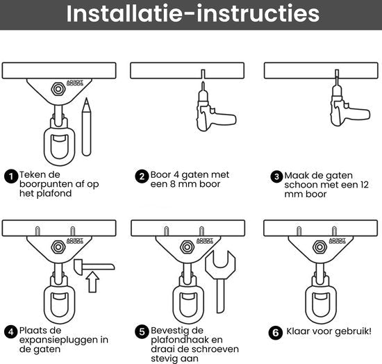 Installatie-instructies voor plafondhaak met tekeningen van boorgaten en bevestiging.
