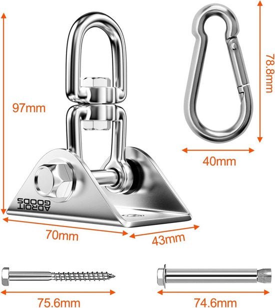 Roestvrijstalen beugel met draaibare haak, karabijnhaak en bevestigingsschroeven.