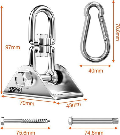 Roestvrijstalen beugel met draaibare haak, karabijnhaak en bevestigingsschroeven.