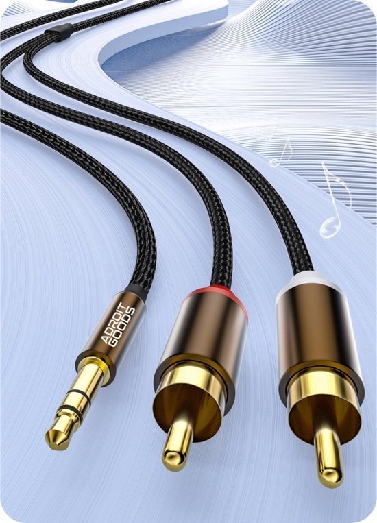 Zwarte gevlochten kabel met een 3,5 mm jack en twee gouden RCA-connectoren op een blauwe achtergrond