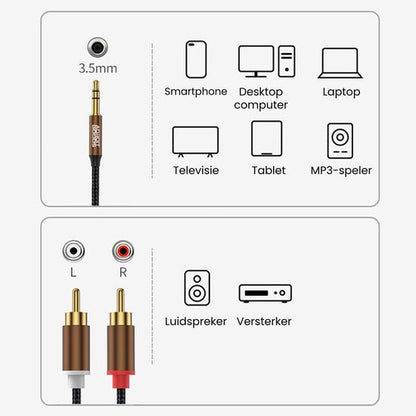 Afbeelding van een audioverbindingskabel met 3,5 mm jack en RCA-stekkers voor diverse apparaten