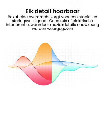 Illustratie van kleurrijke geluidsgolven met tekst over stabiele bekabelde signaaloverdracht.