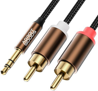 driedelige audiokabel met gouden connectors en kunststof omhulsels in wit en rood