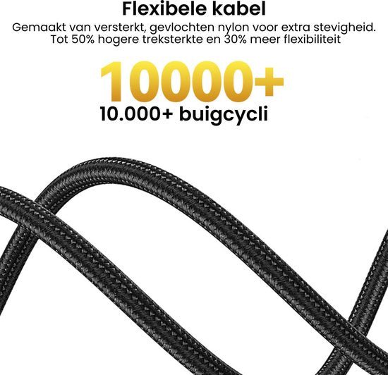 Zwarte gevlochten nylon kabel met extra stevigheid en hoge flexibiliteit voor langdurig gebruik.