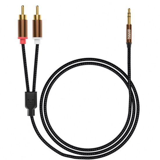 Zwarte audiokabel met 3,5 mm jack en twee RCA-connectoren in rode en witte kleur