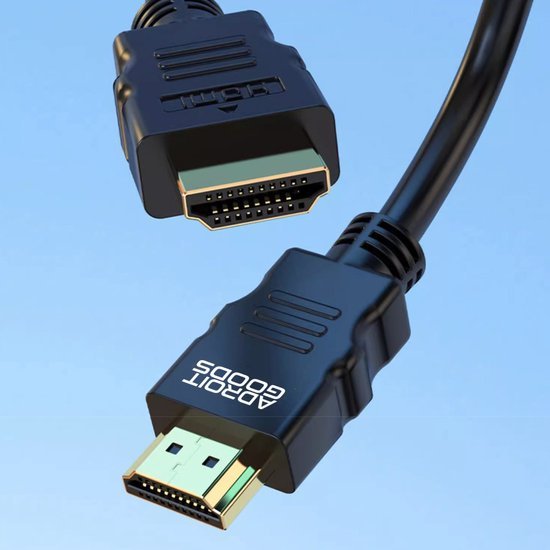 zwarte HDMI-kabel met hoogwaardige metalen connectoren tegen blauwe achtergrond