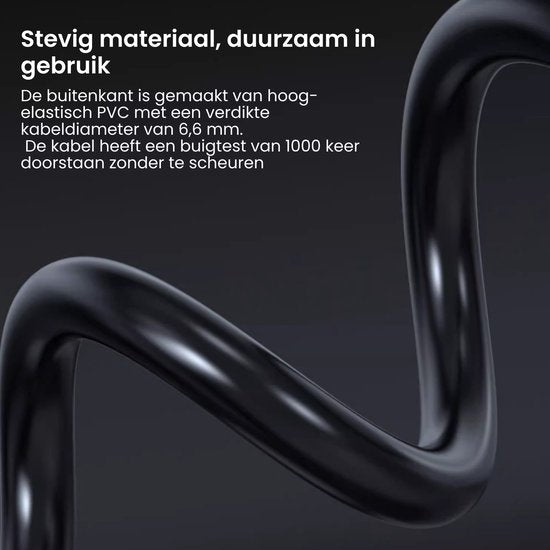 Close-up van een soepel zwarte kabel van hoog elastisch PVC met een dikke kabeldiameter