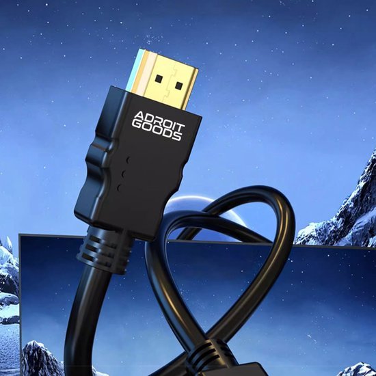 Zwarte HDMI-kabel met gouden connector en merknaam AdroitGoods tegen sterrenhemel achtergrond