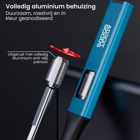 Blauwe tool met AdroitGoods logo en roestvrijstalen anti-slip patroon van aluminium