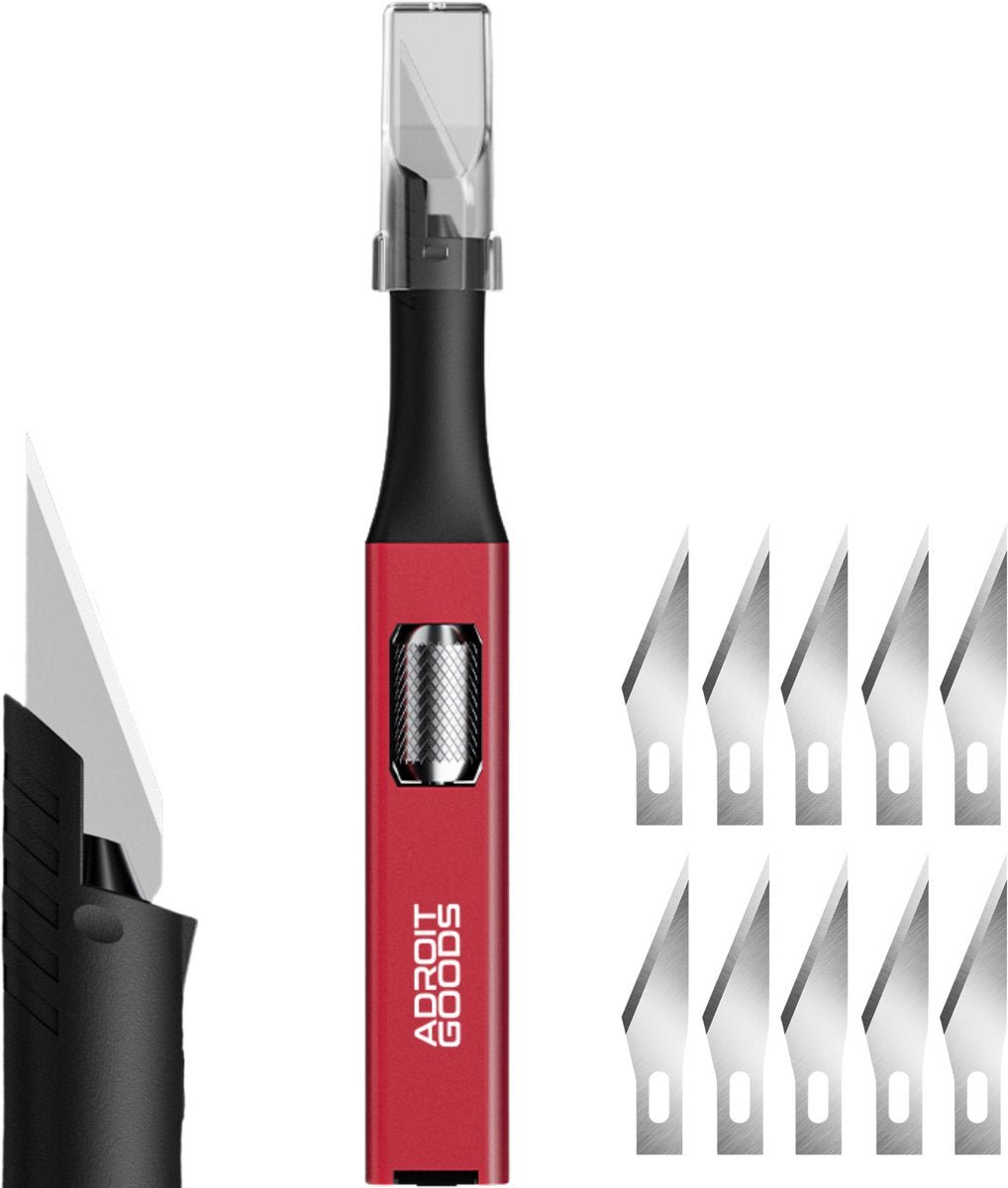 rode precisiesnijder met verwisselbare metalen mesjes en zwarte handgreep