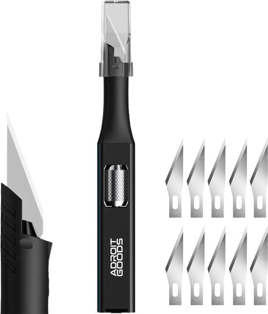 zwarte precisie snijder met verwisselbare metalen messen en beschermkap voor veiligheid