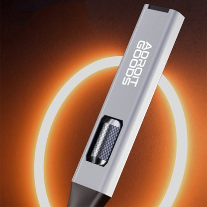 Moderne zilverkleurige gadget met draaiknop en verlicht AdroitGoods-logo op donkere achtergrond