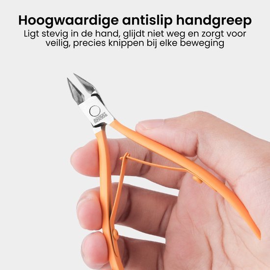 Hand met oranje kniptang met antislip handgreep voor precisiewerk bij elke beweging