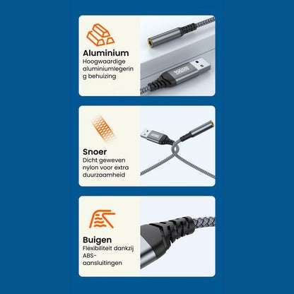 Duurzame kabel met aluminium behuizing, duurzaam nylon snoer en flexibele ABS-uiteinden