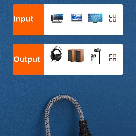 Illustratie van input beeldschermen en output audioapparatuur met een kabel op blauwe achtergrond