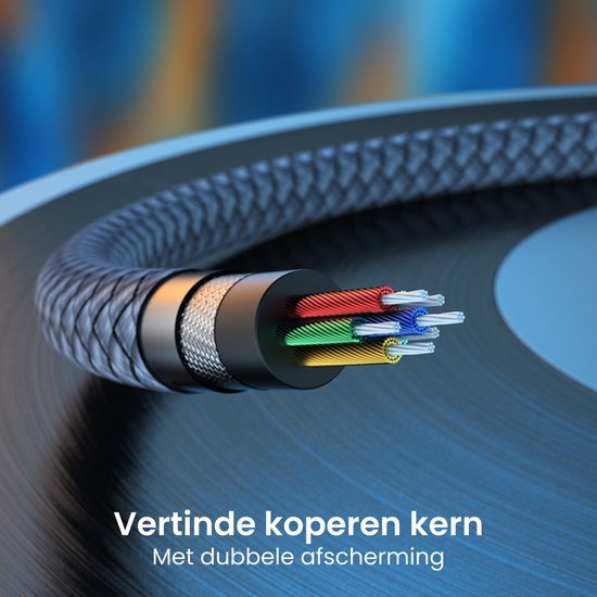 Gesneden elektrokabel met gekleurde draden en dubbele afscherming zichtbaar in detail.