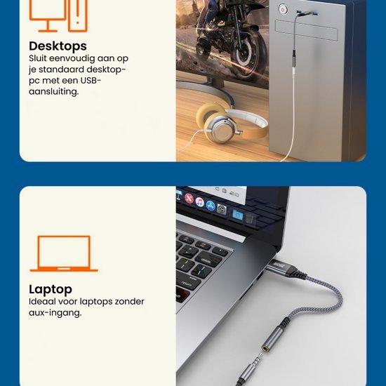 USB-kabel aangesloten op desktop en laptop met koptelefoon en fiets in achtergrond zichtbaar