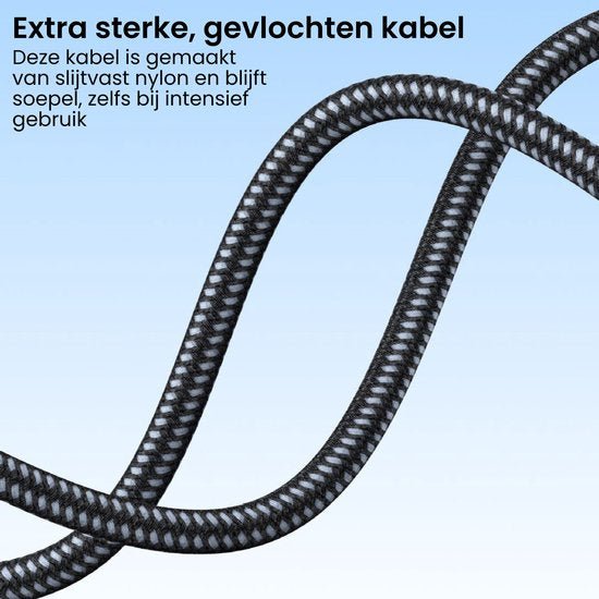 Zwart gevlochten nylon kabel die flexibel en duurzaam blijft bij intensief gebruik