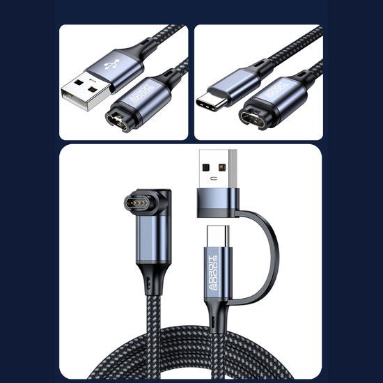 Donkergrijze gevlochten oplaadkabel met USB en magnetische connectoren van verschillende hoeken