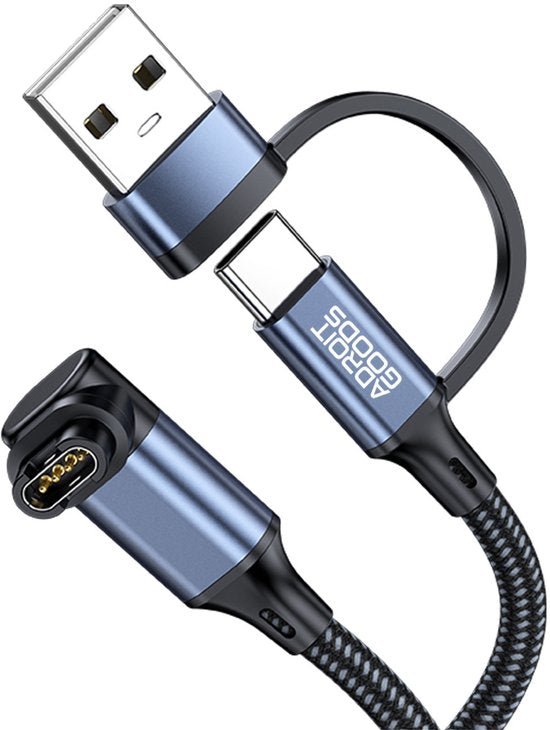 Draadloze laadkabel met USB, USB-C en magnetische aansluiting in zwart en blauw design