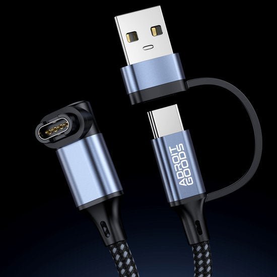 Blauwe AdroitGoods kabel met USB en Type-C connectoren en een magnetische aansluiting