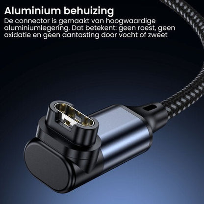 Hoekige connector met aluminium behuizing en geweven kabel tegen vocht en roest.