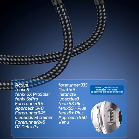 Close-up van een zwart gevlochten oplaadkabel met connector voor specifieke horloges.