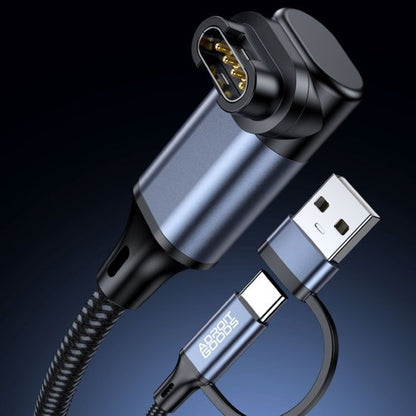 Hoekige magnetische kabeladapter met USB en USB-C aansluitingen in zwarte en blauwe kleurtoon