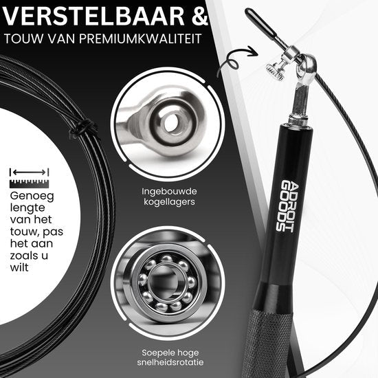Zwarte verstelbare springtouw met ingebouwde kogellagers voor soepele rotatie