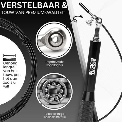 Zwarte verstelbare springtouw met ingebouwde kogellagers voor soepele rotatie