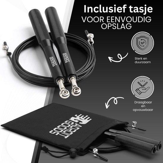 Zwart springtouw met metalen handvatten en opbergtas voor eenvoudig en duurzaam gebruik