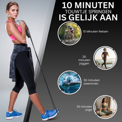 Vrouw in sportkleding met springtouw en vergelijkingen van oefentijd en sporten zoals fietsen en zwemmen.