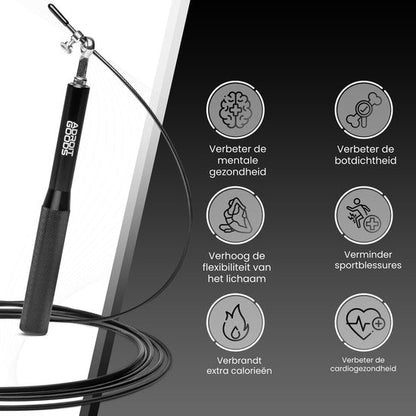 Zwart springtouw met handvat en zes voordelen voor gezondheid, flexibiliteit en cardiotraining.