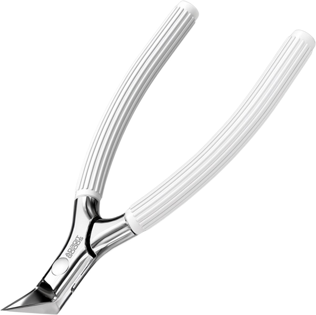 witte nagelknipper met geribbelde handgrepen en scherpe metalen kniptip