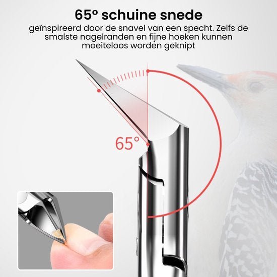 Close-up van een metalen tool met een 65 graden schuine snede geïnspireerd door een spechtsnavel.