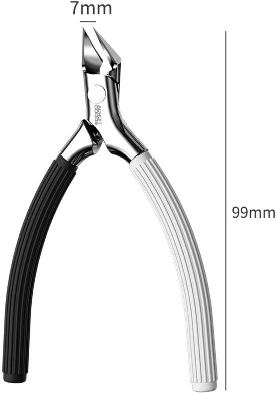 Roestvrijstalen tang met zwarte en witte handgrepen, afmetingen aangegeven in millimeters.
