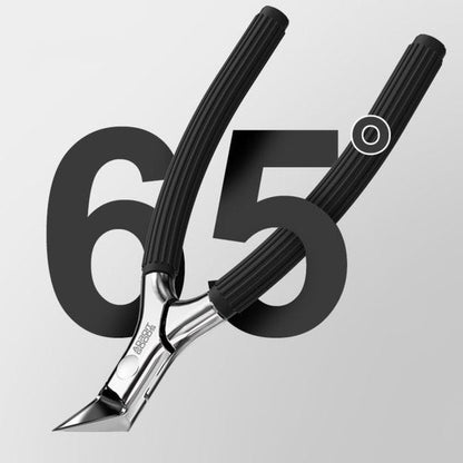 Zwarte precisietang met fijne punt en geribbelde handgrepen tegen witte achtergrond met cijfer 65.