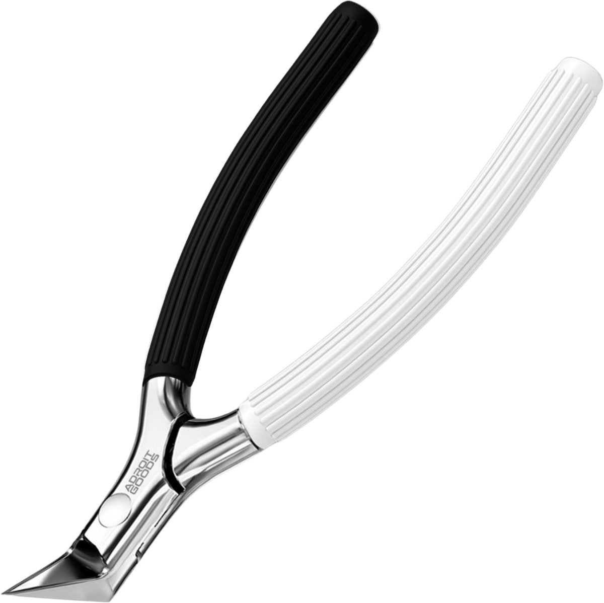 Nagelknipper met zwart-wit handvat en scherpe roestvrijstalen knipbladen