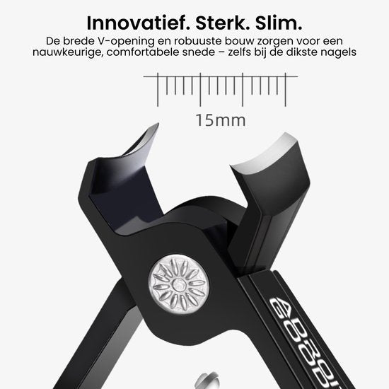 Zwarte nagelknipper met brede V-opening en robuuste bouw voor nauwkeurig knippen