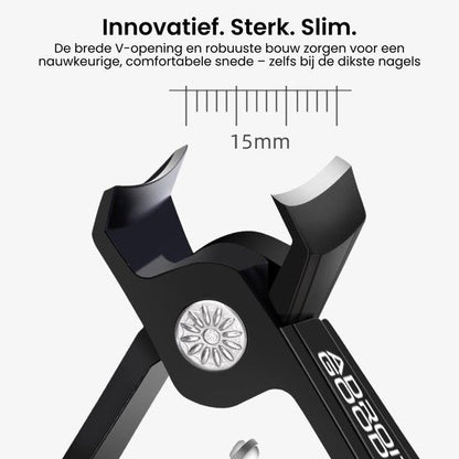 Zwarte nagelknipper met brede V-opening en robuuste bouw voor nauwkeurig knippen