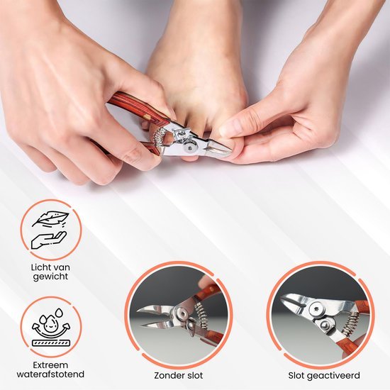 Handen knippen nagel met roestvrijstalen oranje nagelknipper zonder slot en lichtgewicht.