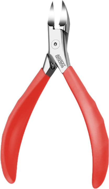 Zilverkleurige kniptang met rode, ergonomische handgrepen van AdroitGoods merk zichtbaar
