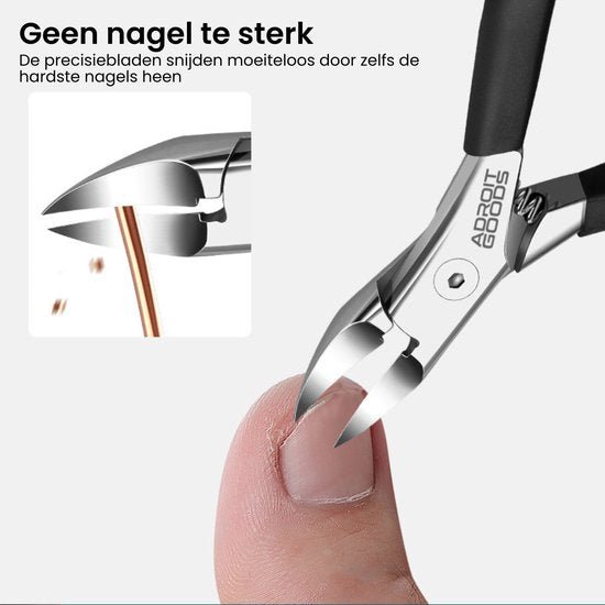 Nagelknipper met precisiemes knipt een vingernagel nauwkeurig en krachtig.