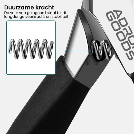 Zwart handvat met duurzaam stalen veermechanisme voor extra kracht en stabiliteit dichtbij logo