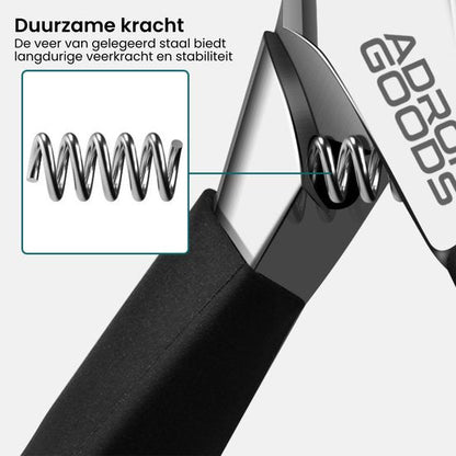 Zwart handvat met duurzaam stalen veermechanisme voor extra kracht en stabiliteit dichtbij logo